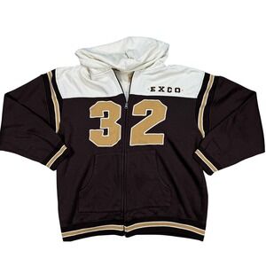 Y2K EXCO Hoodie Men's Large Brown White Zip Up Fleece Acrylic Varsity Sweatshirt